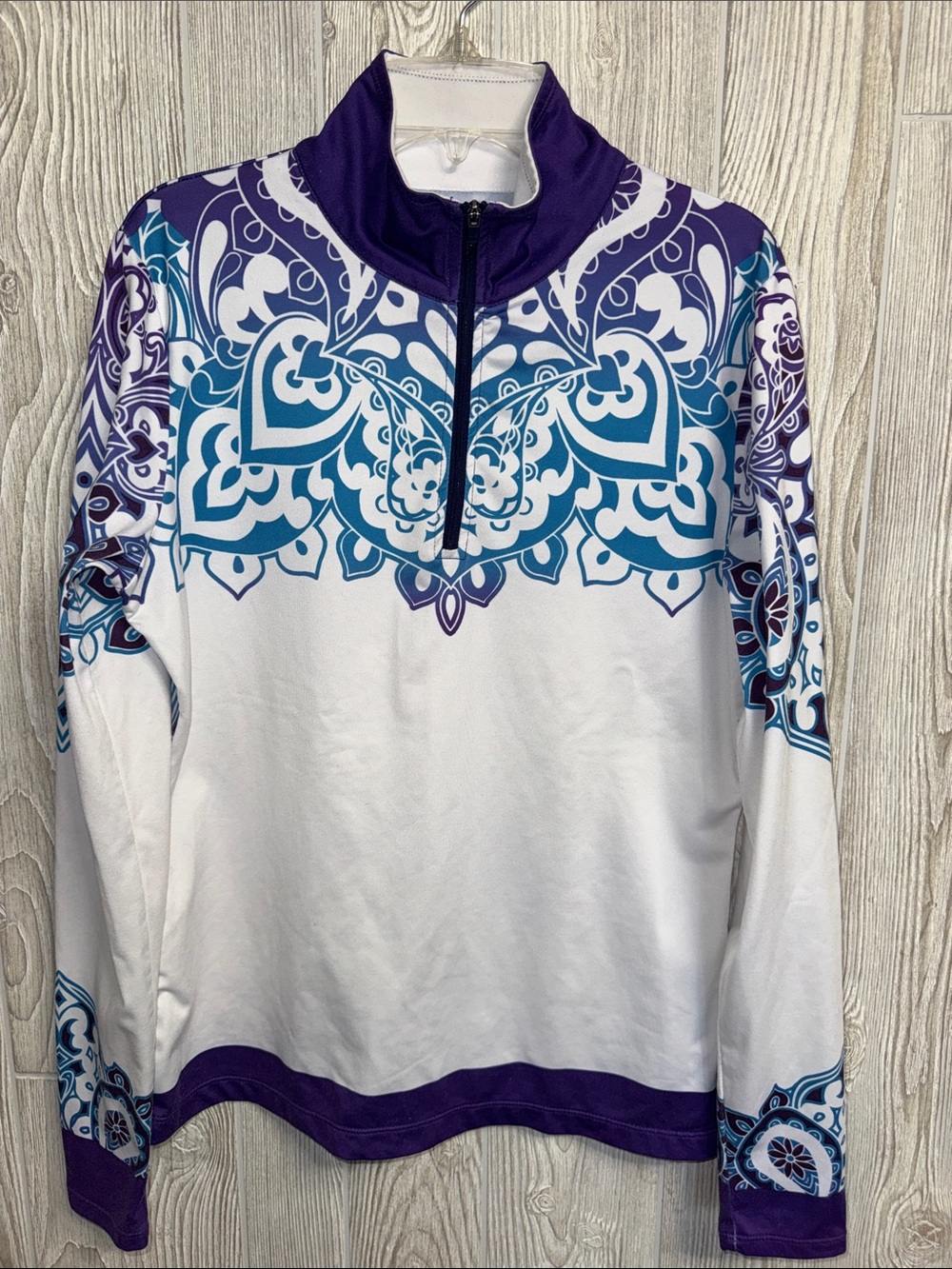 Athleta White Pullover Jacket with Teal and Purple Pattern